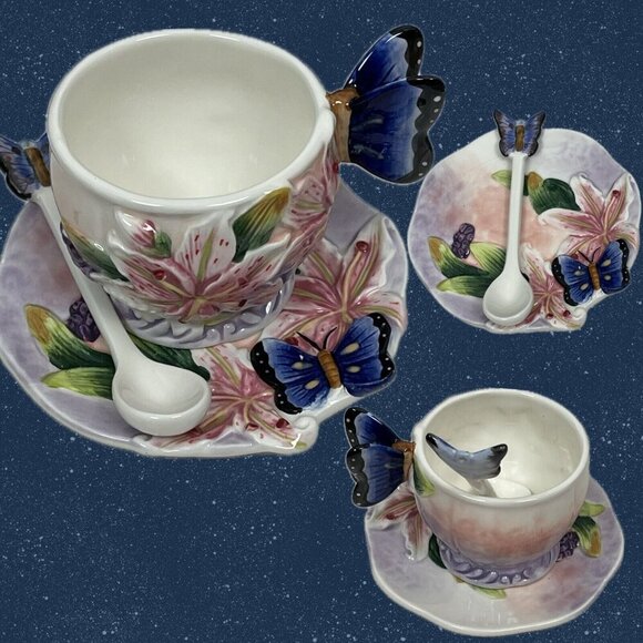 Corner Ruby Butterfly Lily Flower Ceramic Handcrafted Tea Cup-Saucer-Spoon Set - Picture 1 of 7